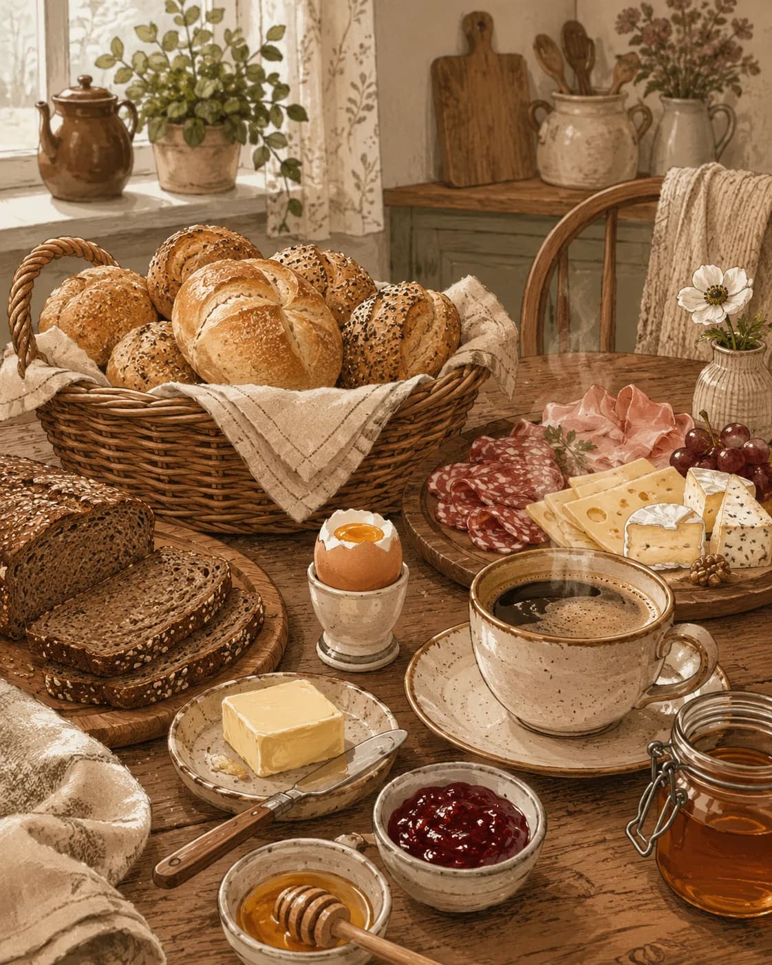 German Frühstück with Brötchen, petit-déjeuner en Allemagne