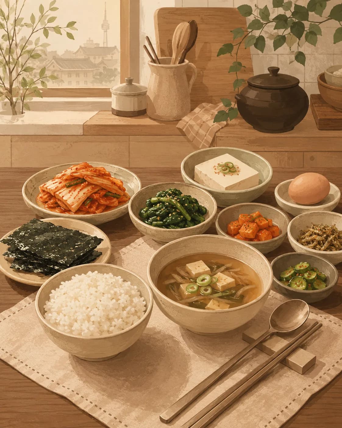 Riz et banchan, petit-déjeuner en Corée