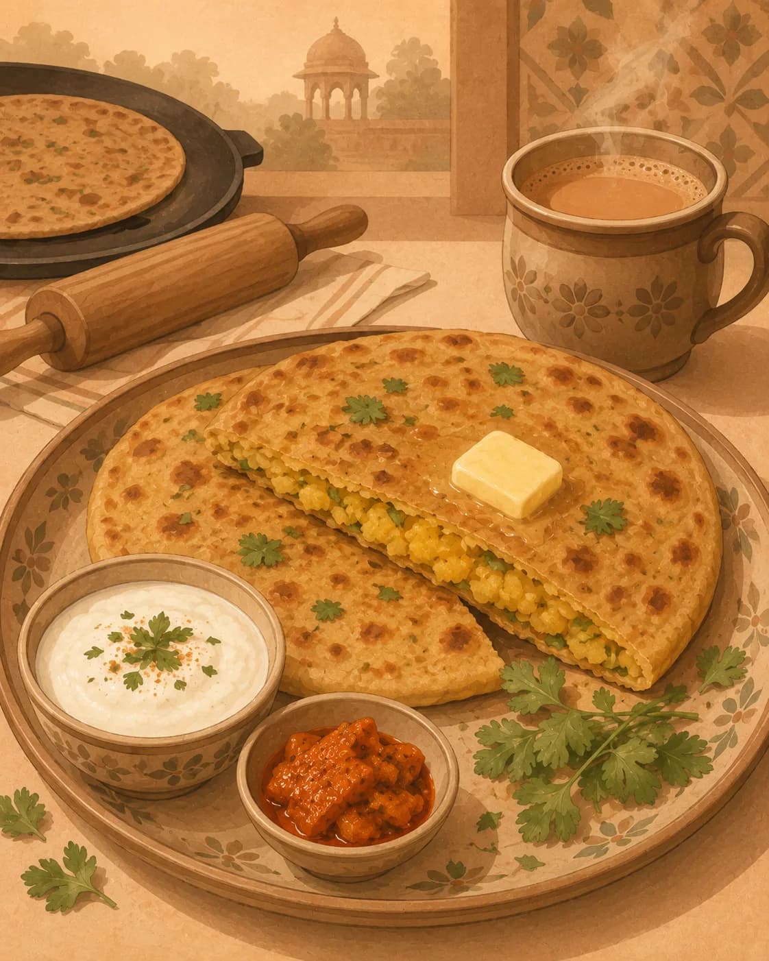 Paratha avec curry, petit-déjeuner en Inde du Nord