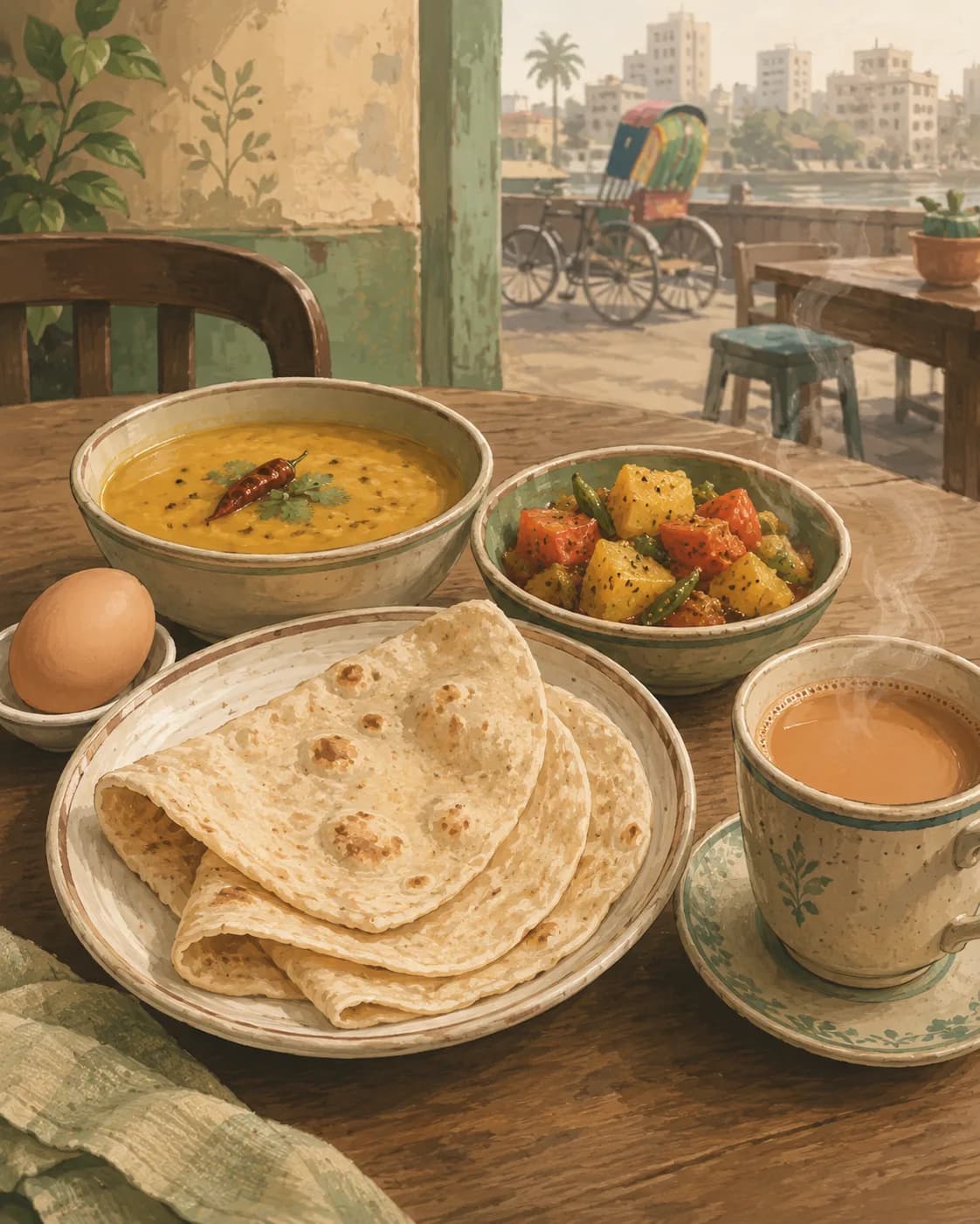 Ruti avec dal ou curry de légumes, petit-déjeuner en Bangladesh